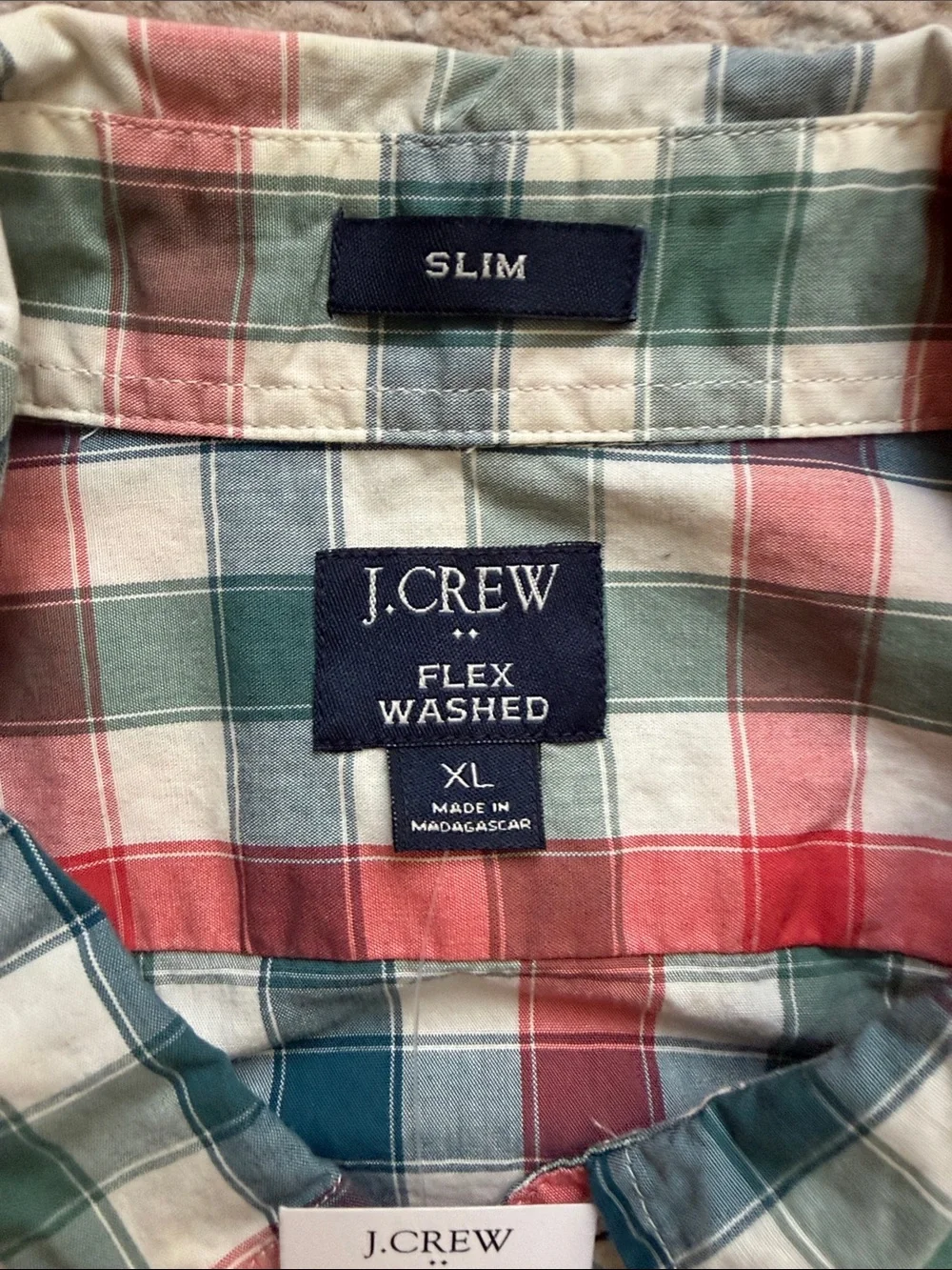 J. Crew Men’s Red, Green & Cream Plaid Button-Down Slim Fit Shirt - Size XL